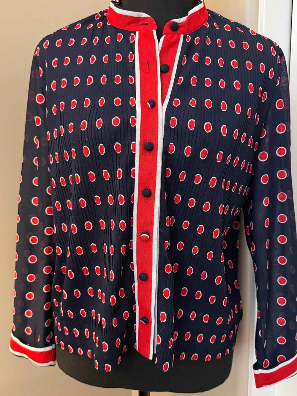 Vintage- Navy Blue Polka Dot Button-Up Blouse with Red Trim